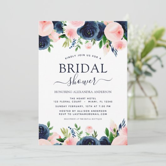 ブライダルシャワーネイビーブルー赤面ピンクフローラ 招待状 (スタンド正面)