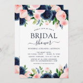 ブライダルシャワーネイビーブルー赤面ピンクフローラ 招待状 (正面/裏面)