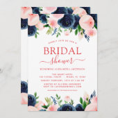 ブライダルシャワーネイビーブルー赤面ピンクフローラ 招待状 (正面/裏面)