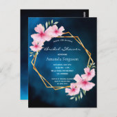 ブライダルシャワーネイビーブルー赤面ピンク花模様 ポストカード (正面/裏面)