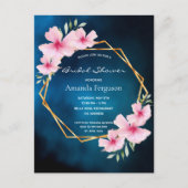 ブライダルシャワーネイビーブルー赤面ピンク花模様 ポストカード (正面)