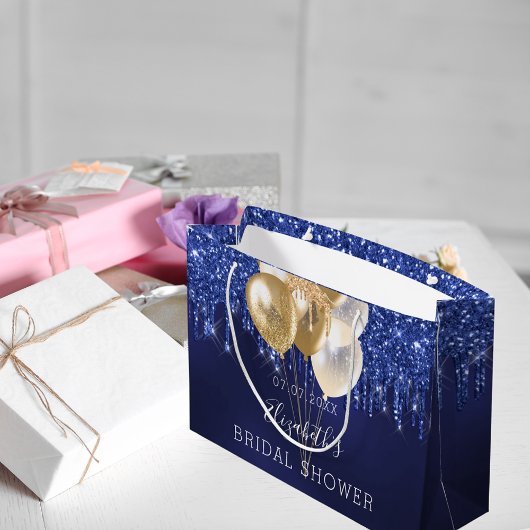 ブライダルシャワーネイビーブルー金ゴールドグリッタードリップバルーン ラージペーパーバッグ