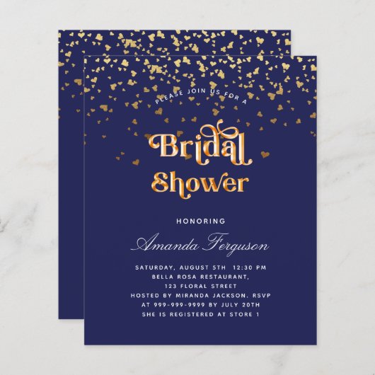 ブライダルシャワーネイビーブルー金ゴールド予算の招待 (正面/裏面)