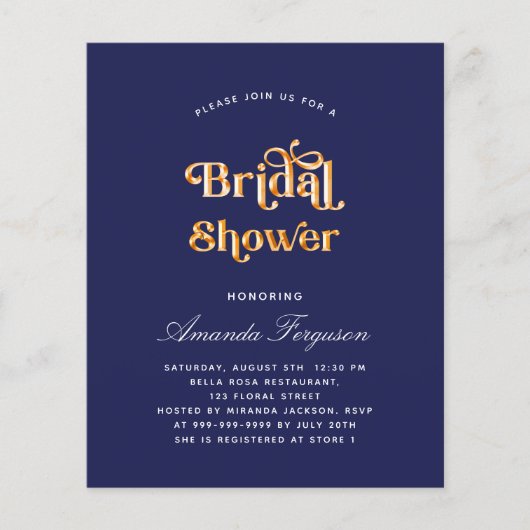 ブライダルシャワーネイビーブルー金ゴールド予算の招待 チラシ (正面)