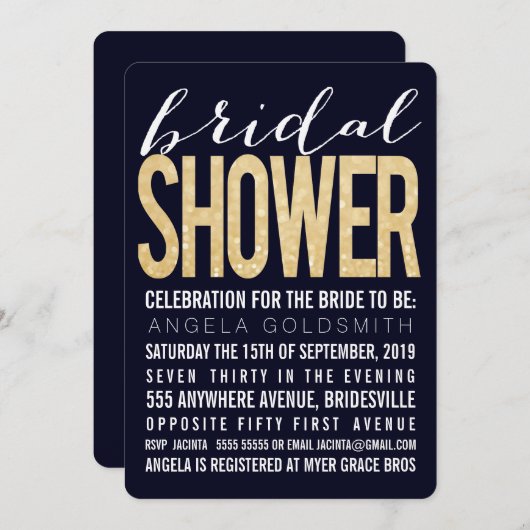 ブライダルシャワーネイビー金ゴールドグリッタータイポグラフィ 招待状 (正面/裏面)