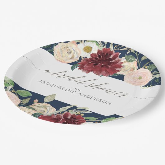 ブライダルシャワーネービー赤面ブルゴーニュバラフローラ ペーパープレート (アングル)