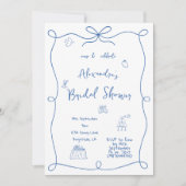 ブライダルシャワーハンドドローフランスのド青お洒落 招待状 (正面)