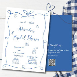 ブライダルシャワーハンドドローフランスのド青お洒落 招待状