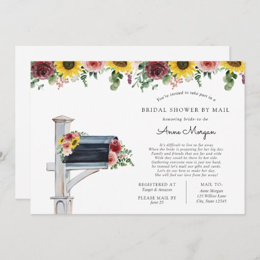 ブライダルシャワーバイメールヒマワリとバラメールボックス 招待状 (正面/裏面)