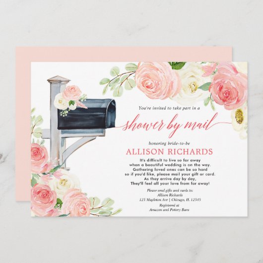 ブライダルシャワーバイメール赤面ピンク白い緑 招待状 (正面/裏面)