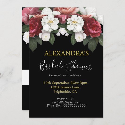 ブライダルシャワーバエレガントルガンディバラブラックシック 招待状 (正面/裏面)