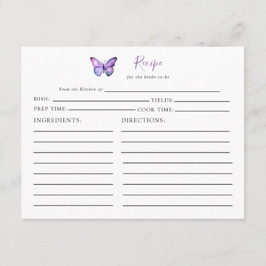 ブライダルシャワーバタフライレシピカードパープルスクリプト エンクロージャーカード (正面)