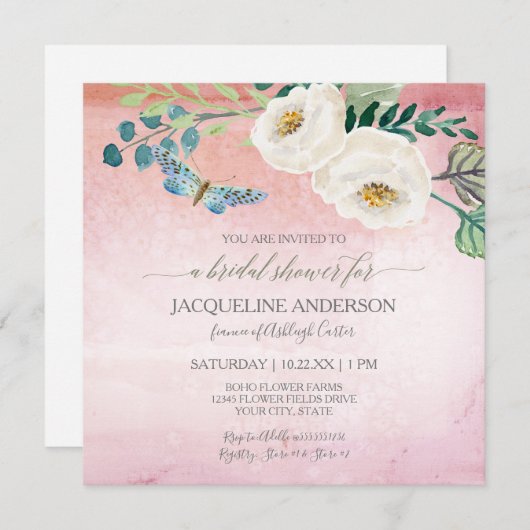 ブライダルシャワーバタモダンフライバラピンクリース 招待状 (正面/裏面)