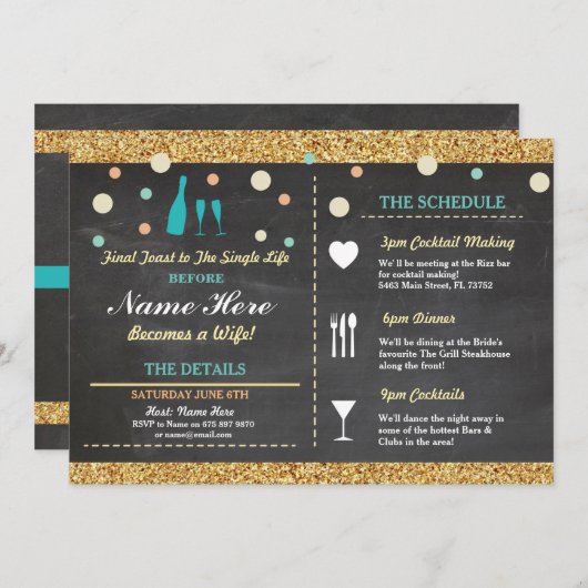 ブライダルシャワーバチェロレッテグリッター旅程ブルー 招待状 (正面/裏面)