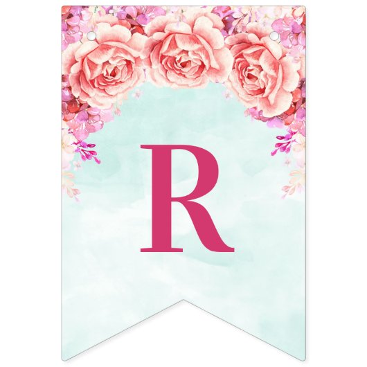 ブライダルシャワーバナーライトブルーウォーターカラーフラワー バンティングフラッグ (第3の旗)