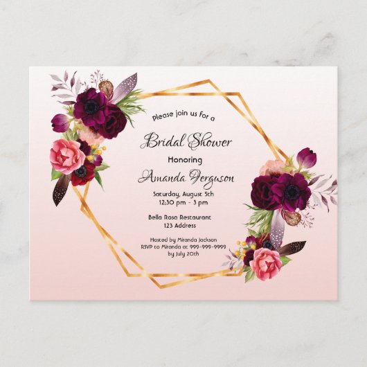 ブライダルシャワーバラ金ゴールドへの招待 ポストカード (正面)