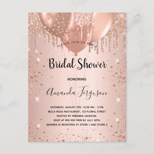 ブライダルシャワーバラ金ゴールドグリッターバルーン インビテーションポストカード (正面)