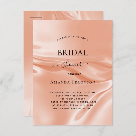 ブライダルシャワーバラ金ゴールドサテンシルク インビテーションポストカード (正面/裏面)