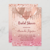 ブライダルシャワーバラ金ゴールドピンクグリッターバルーン インビテーションポストカード (正面/裏面)