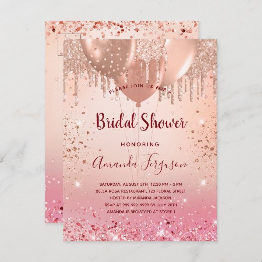 ブライダルシャワーバラ金ゴールドピンクグリッターバルーン インビテーションポストカード (正面/裏面)