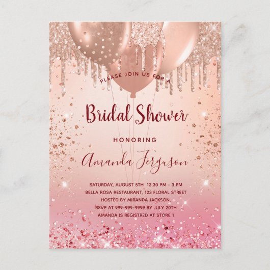 ブライダルシャワーバラ金ゴールドピンクグリッターバルーン インビテーションポストカード (正面)
