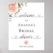 ブライダルシャワーバラ金ゴールドフローラスクリプトのウェルカムサイン ポスター (正面)