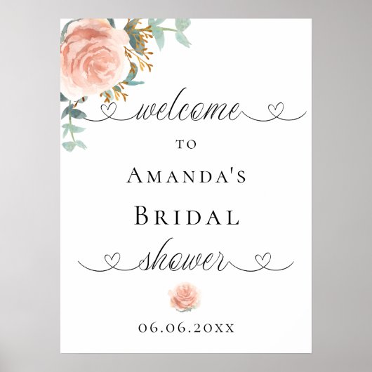ブライダルシャワーバラ金ゴールドフローラスクリプトのウェルカムサイン ポスター (正面)