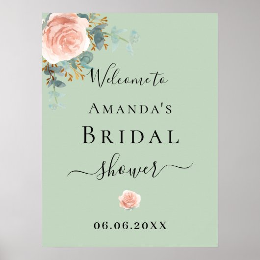 ブライダルシャワーバラ金ゴールドフローラセージ緑の歓迎 ポスター (正面)