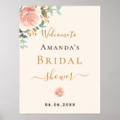 ブライダルシャワーバラ金ゴールドフローラベージュウェルカムサイン ポスター (正面)