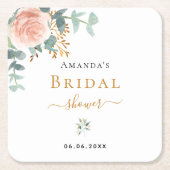 ブライダルシャワーバラ金ゴールドフローラユーカリエレガント スクエアペーパーコースター (正面)