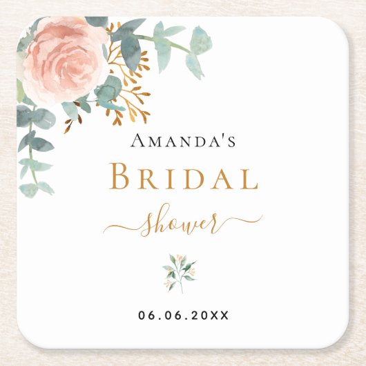 ブライダルシャワーバラ金ゴールドフローラユーカリエレガント スクエアペーパーコースター (正面)
