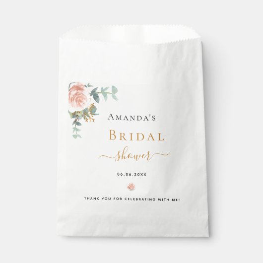 ブライダルシャワーバラ金ゴールドフローラユーカリエレガント フェイバーバッグ (正面)