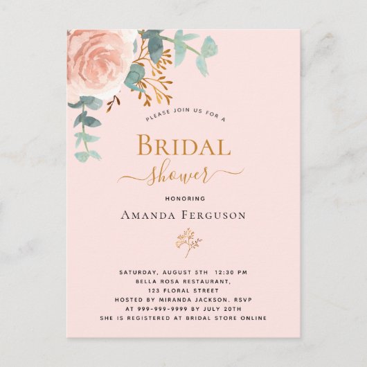 ブライダルシャワーバラ金ゴールドフローラユーカリエレガント ポストカード (正面)