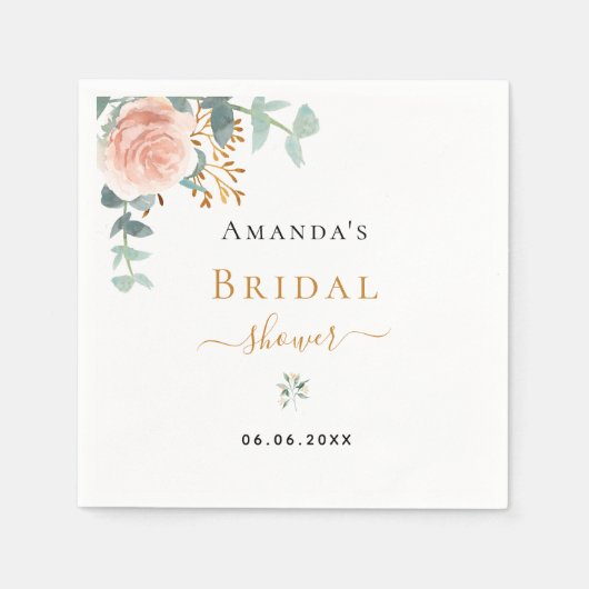 ブライダルシャワーバラ金ゴールドフローラユーカリ スタンダードカクテルナプキン (正面)