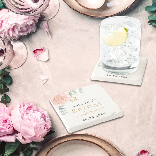 ブライダルシャワーバラ金ゴールドフローラユーカリ・モノグラム ストーンコースター