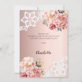 ブライダルシャワーバラ金ゴールドフローラレースサンキューカード 招待状 (裏面)