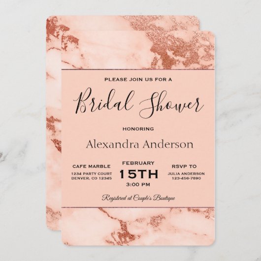 ブライダルシャワーバラ金ゴールドマーブル招待状 招待状 (正面/裏面)