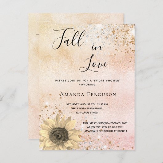 ブライダルシャワーバラ金ゴールド素朴ひまわり秋 インビテーションポストカード (正面/裏面)