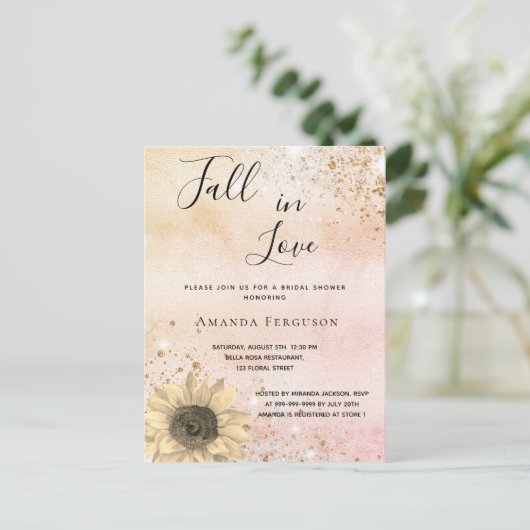 ブライダルシャワーバラ金ゴールド素朴ひまわり秋 インビテーションポストカード (スタンド正面)