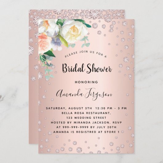 ブライダルシャワーバラ金ゴールド花模様 招待状 (正面/裏面)