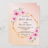 ブライダルシャワーバラ金ゴールド赤面ピンクフローラ地域 招待状 (正面/裏面)