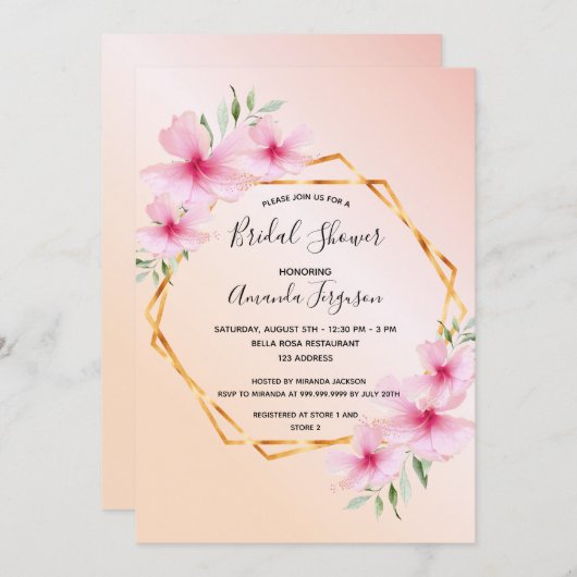 ブライダルシャワーバラ金ゴールド赤面ピンクフローラ地域 招待状 (正面/裏面)