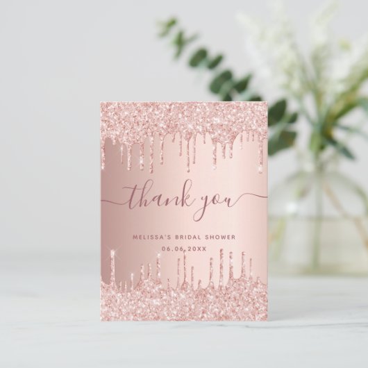 ブライダルシャワーバラ金ゴールド赤面ピンク感謝していユー ポストカード (スタンド正面)