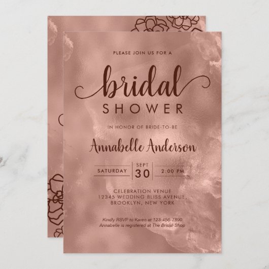 ブライダルシャワーバラ金ゴールド金属エレガントフローラ 招待状 (正面/裏面)