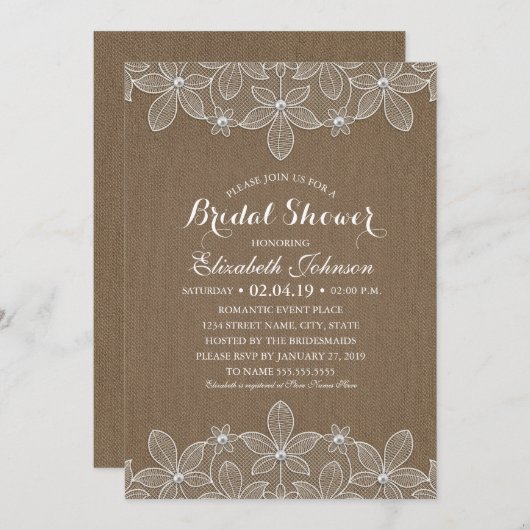 ブライダルシャワーバ素朴ーラップレースエレガントヴィンテージ 招待状 (正面/裏面)