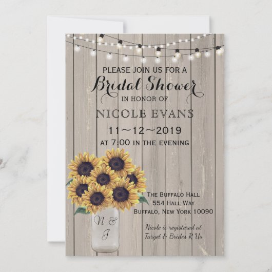 ブライダルシャワーバ結婚ンズサンフラワーメイソンジャー 招待状 (正面)