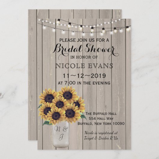 ブライダルシャワーバ結婚ンズサンフラワーメイソンジャー 招待状 (正面/裏面)