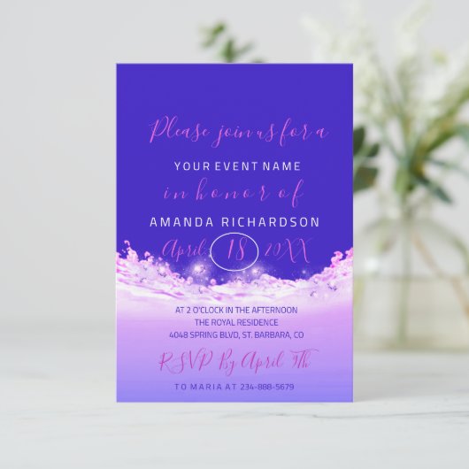 ブライダルシャワーパステルズピンクウェーブ海Cobalt グラデーション 招待状 (スタンド正面)