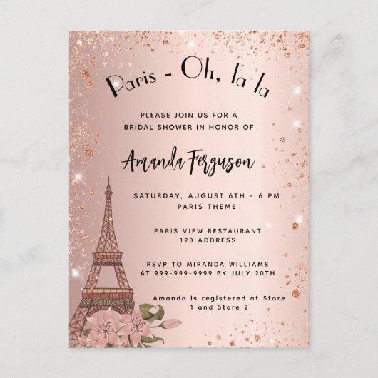 ブライダルシャワーパリエッフェルタワーバラ金ゴールド インビテーションポストカード (正面)