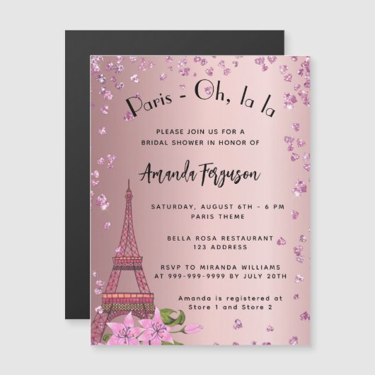 ブライダルシャワーパリエッフェルタワーピンク マグネット招待状 (正面/裏面)